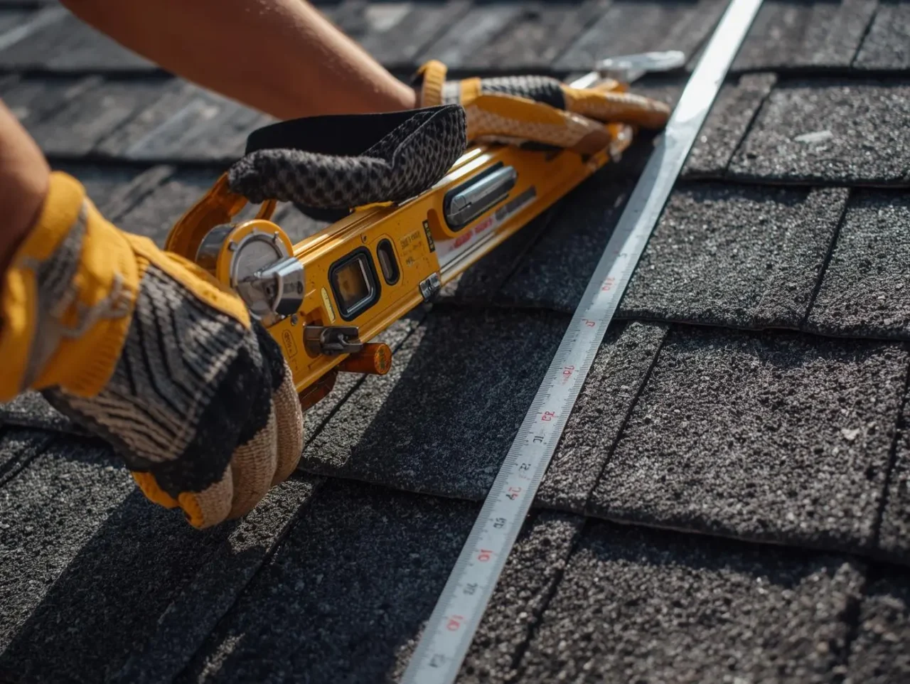 A professional photorealistic close-up of a roofing contractor measuring roof pitch