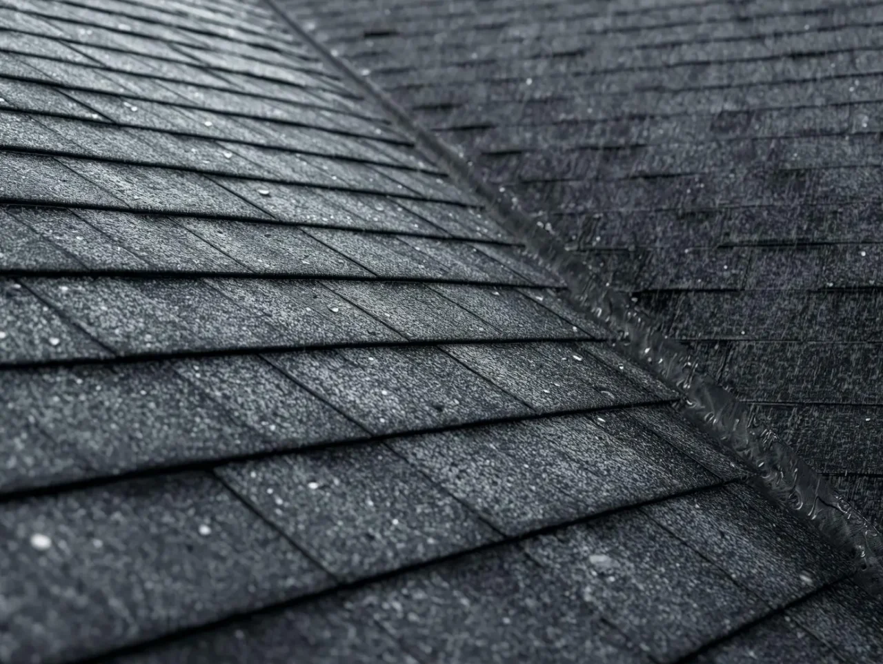 A professional photorealistic close-up of a steep asphalt shingle roof installation