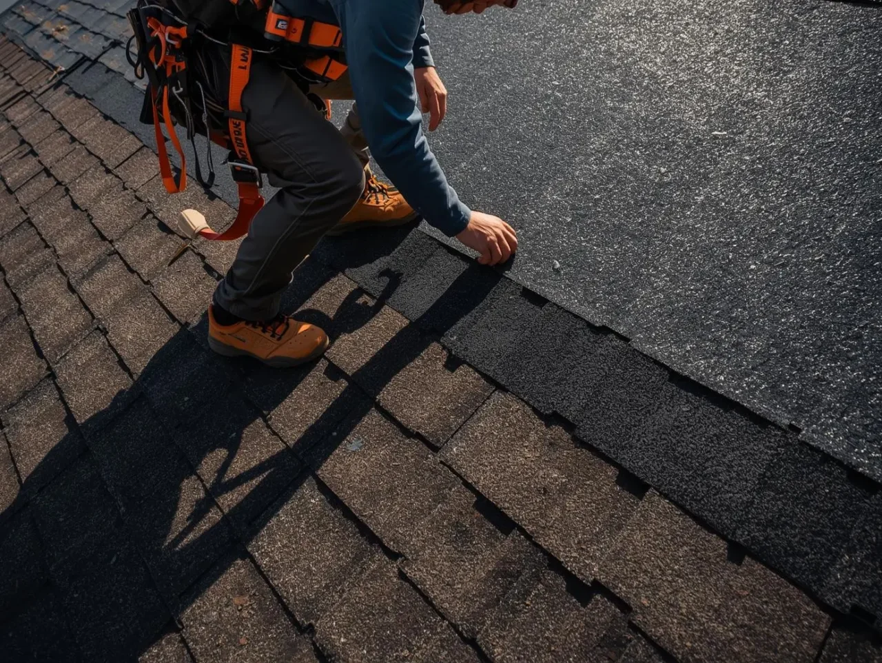 A professional roofer in a safety harness installing