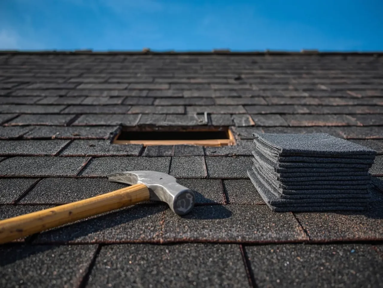 A roofing hammer and a bundle of replacement shingles sit nearby