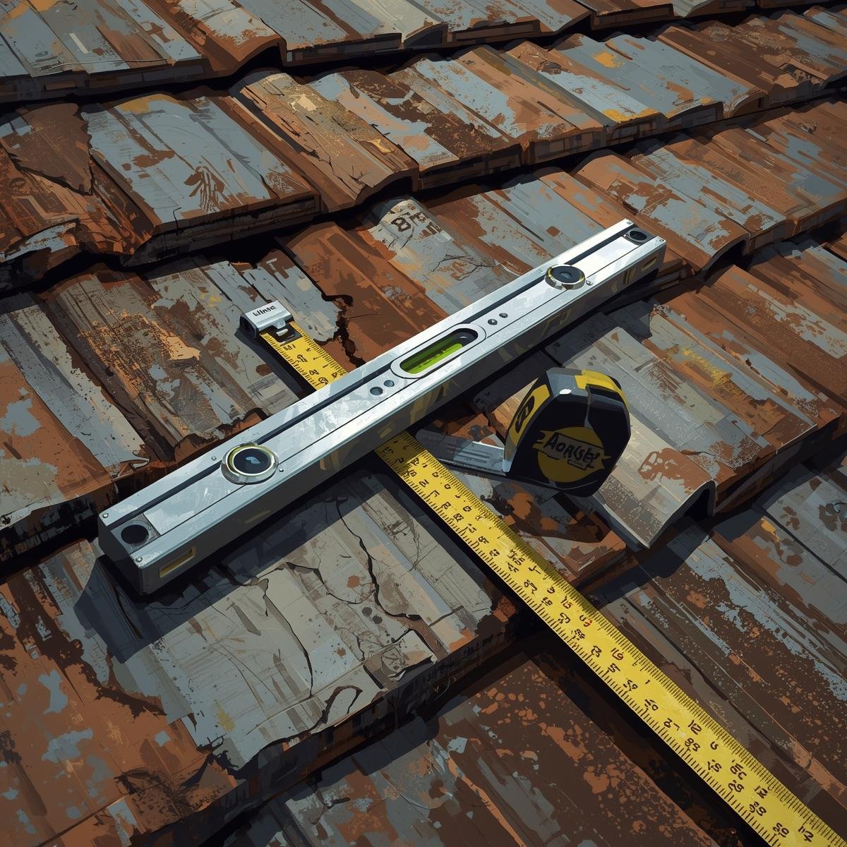 Level and tape measure on the roof