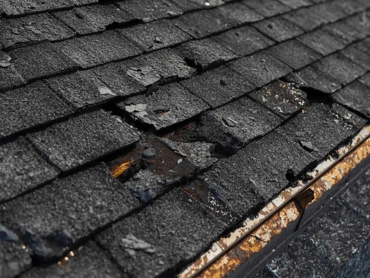 Photorealistic close-up of a deteriorating mobile home roof