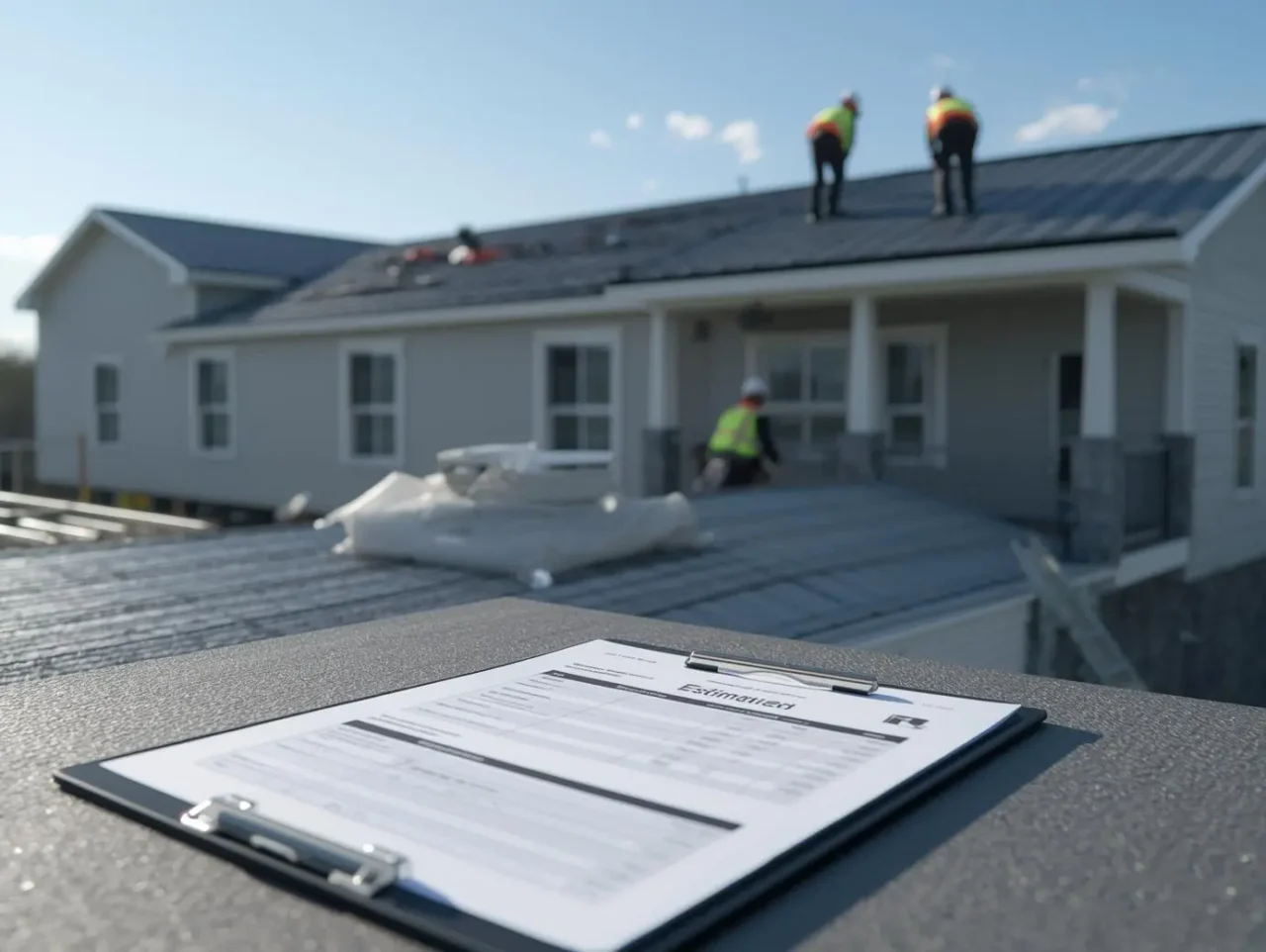 Photorealistic wide-angle shot of a modern manufactured home undergoing a professional roof replacement