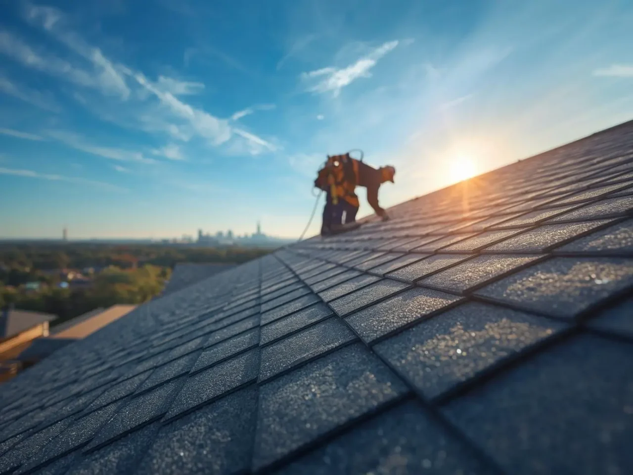 photograph of a professional roofing crew installing premium shingles on a modern residential home in Dallas