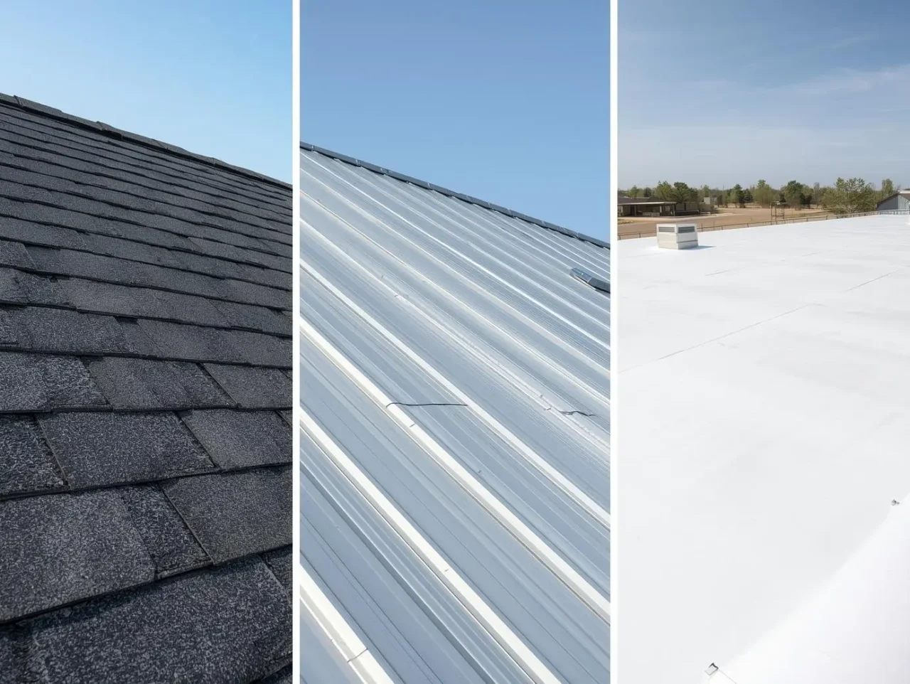 photorealistic side-by-side comparison of three specific roofing materials designed for mobile homes