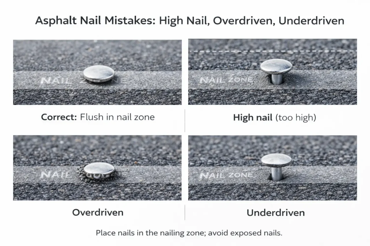 asphalt nails mistakes showing high nailing overdriven and underdriven nails on shingles