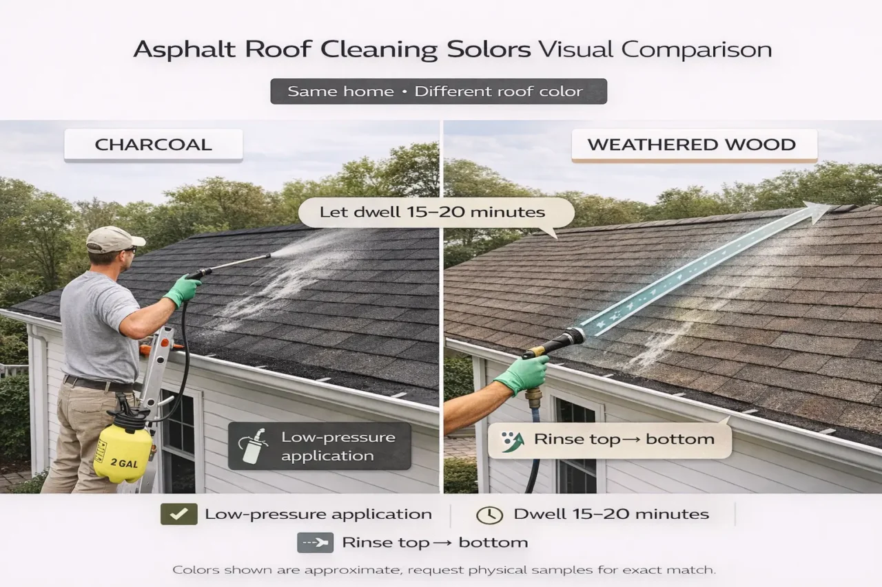Asphalt roof cleaning with a pump sprayer applying vinegar and water solution to remove algae without damaging shingles.