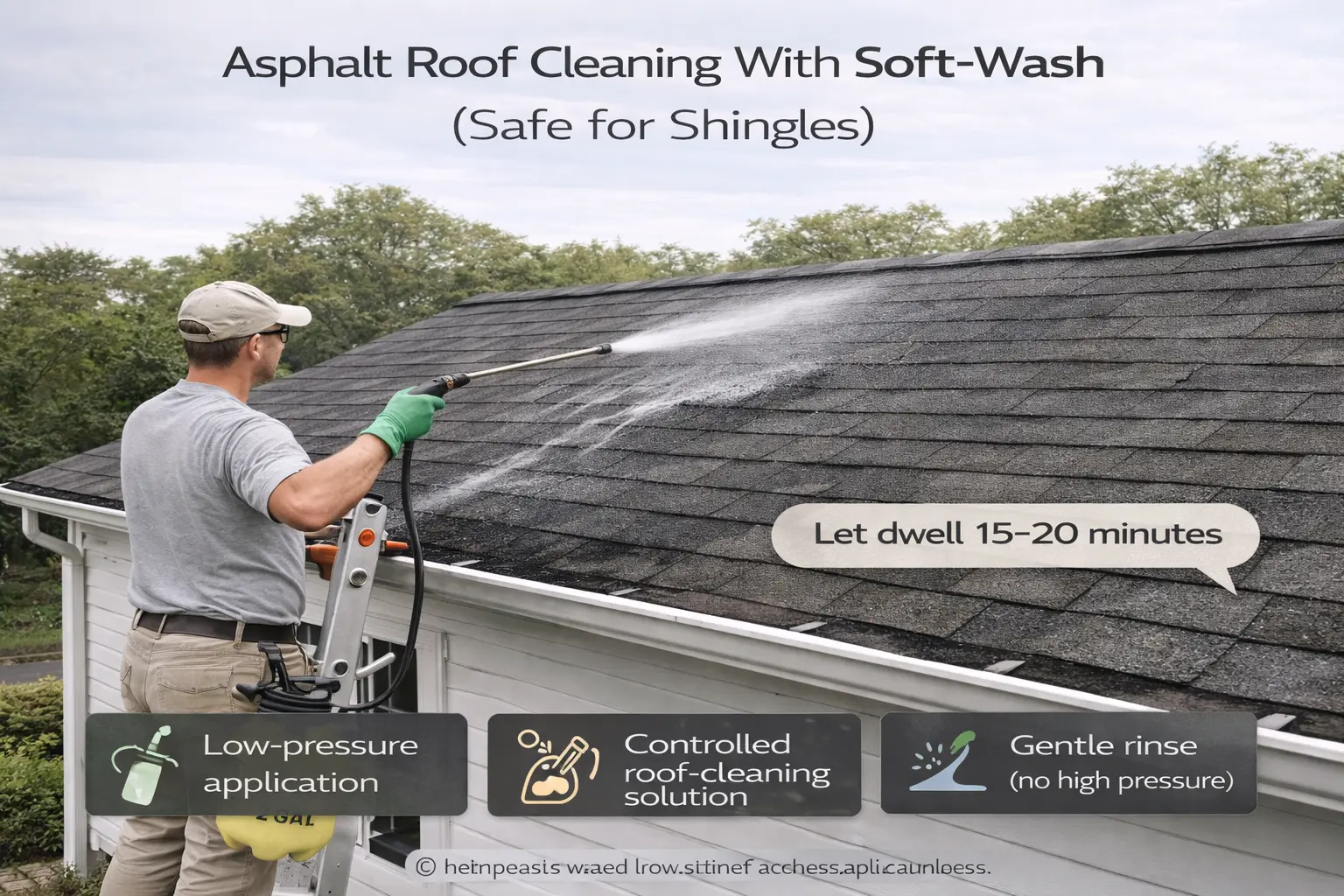 asphalt roof cleaning using a low-pressure soft wash sprayer to remove black streaks without damaging shingles