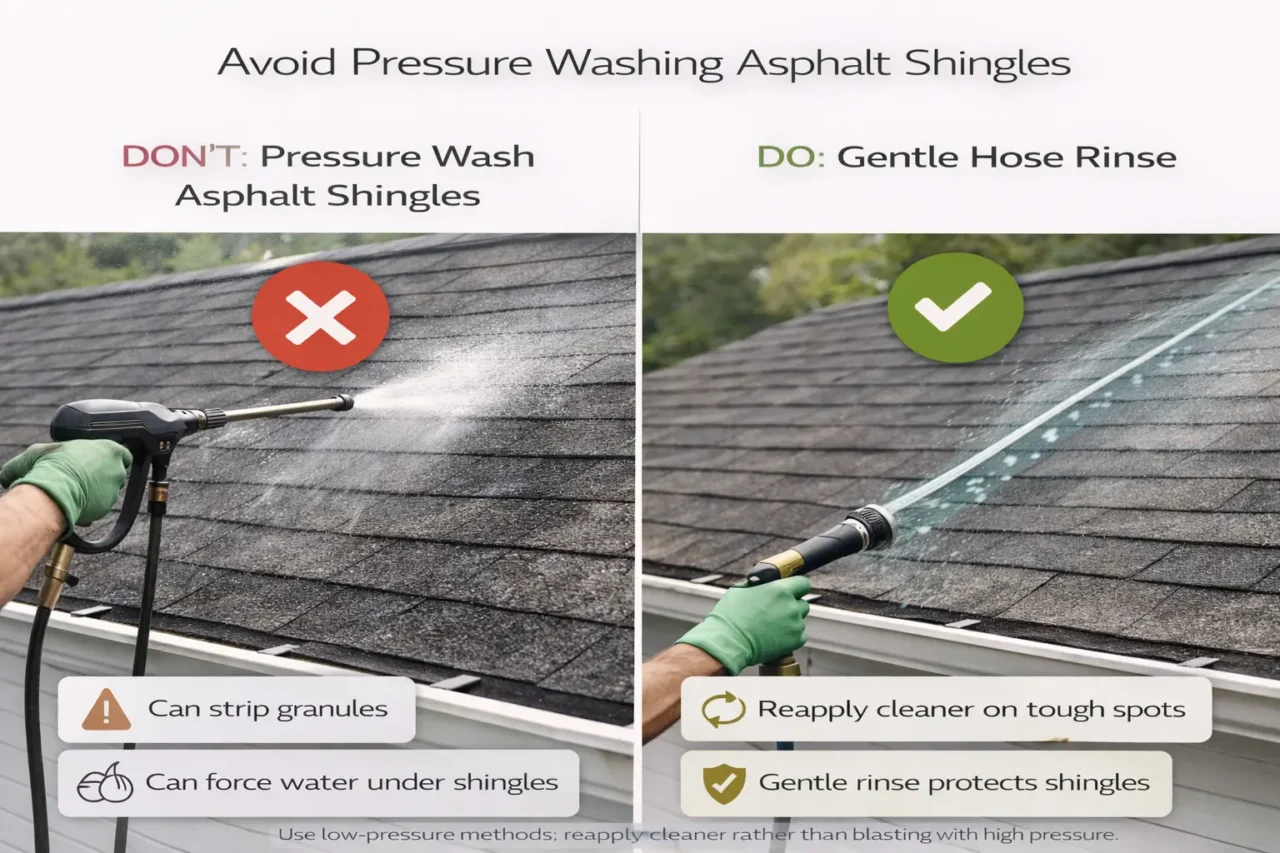 Avoid pressure washing asphalt shingles; use gentle hose rinse for asphalt roof cleaning.