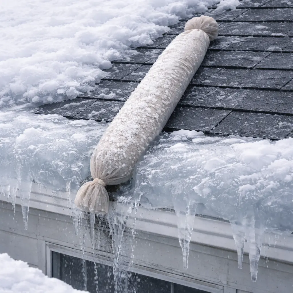 getting rid of ice dams on roof using calcium chloride in a nylon stocking to melt a drainage channel