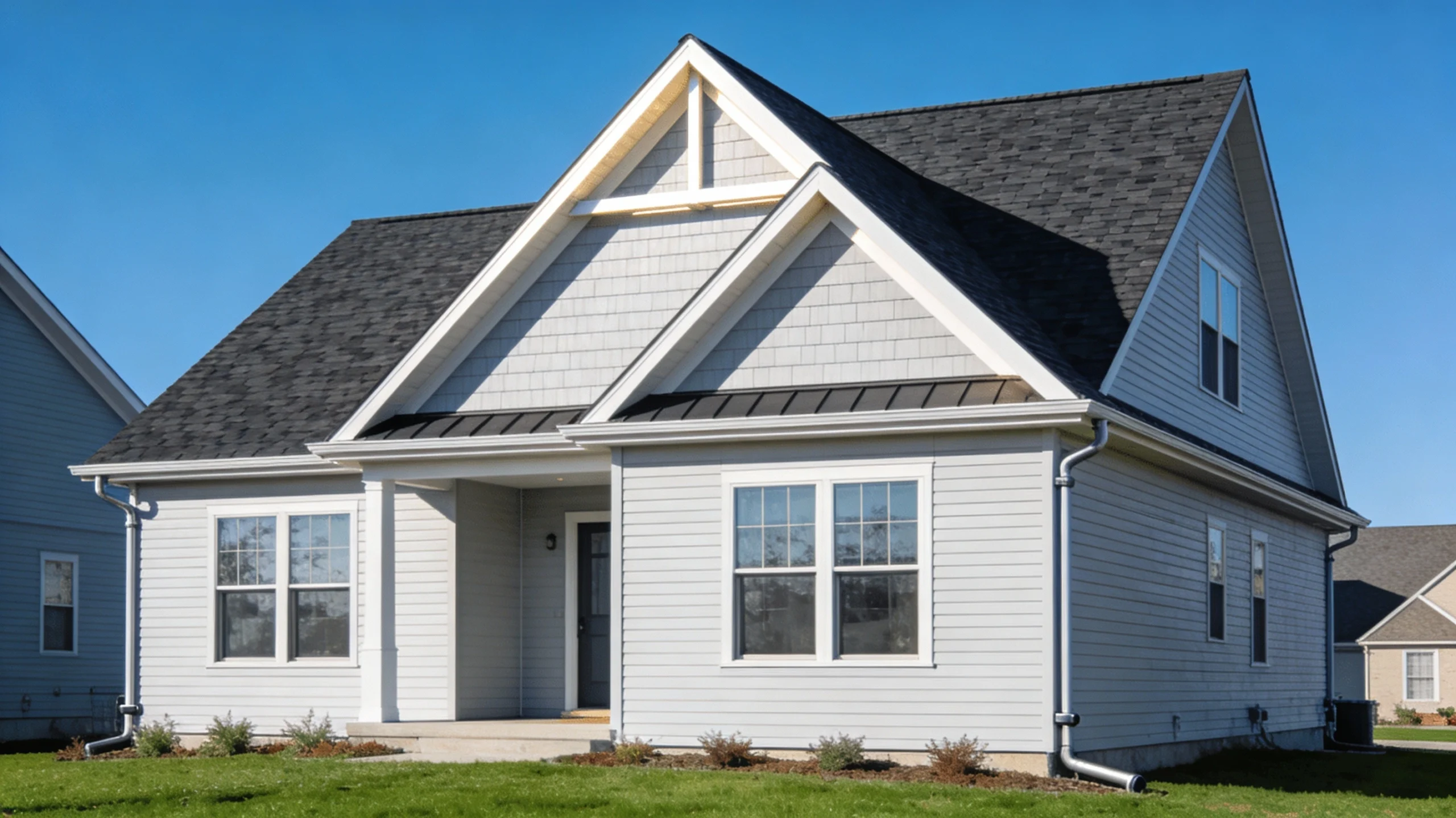 Gable roof shape on modern suburban home showing classic triangular design with two sloping sides meeting at ridge