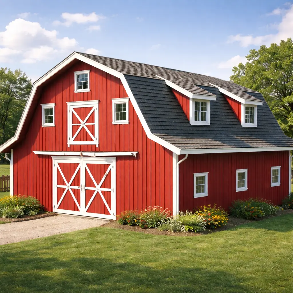 Gambrel roof design showing classic barn roof with steep lower slope and shallow upper slope maximizing attic space