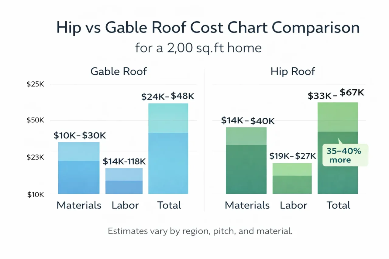 Hip vs gable roof cost chart showing gable 35% cheaper than hip for same home size.