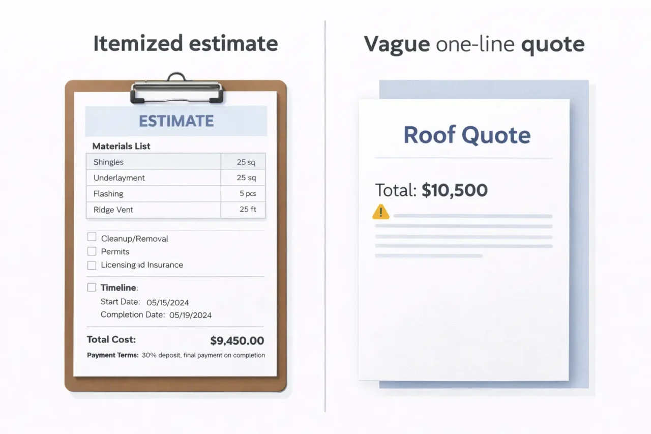 roof repair free estimate comparison itemized scope versus vague one line quote