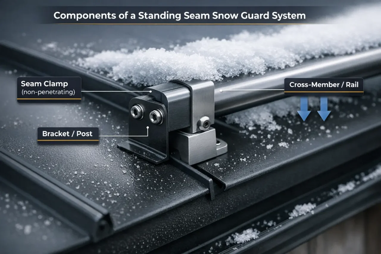 roof snow guards system components showing seam clamp bracket and cross member on standing seam metal roof