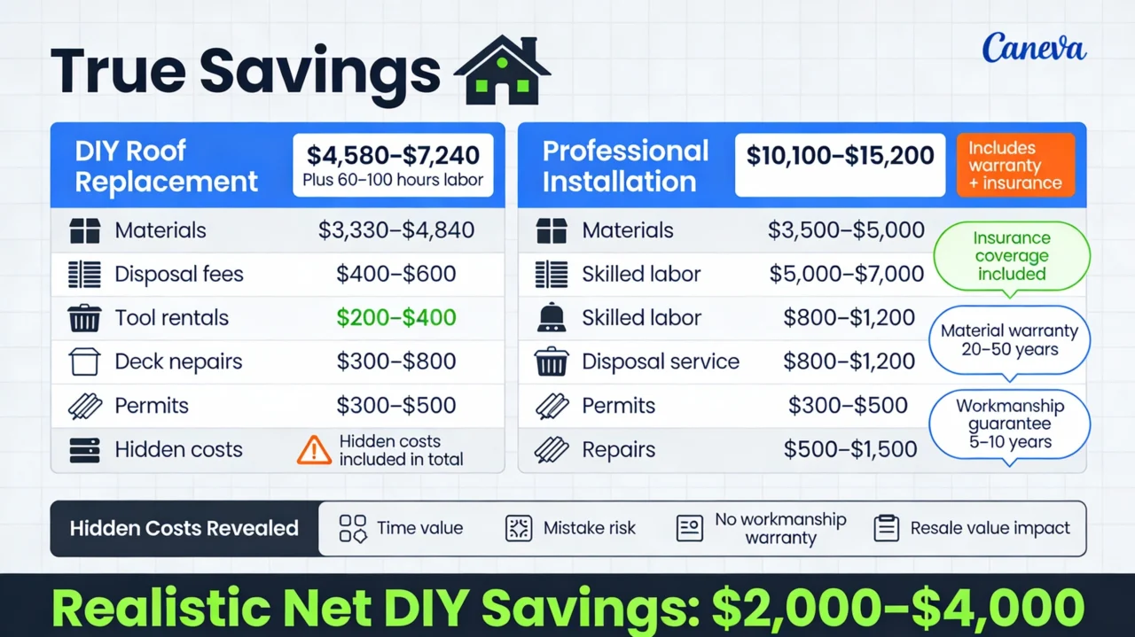 DIY roof replacement cost vs professional installation comparison showing materials labor disposal and hidden expenses for do it yourself roofing