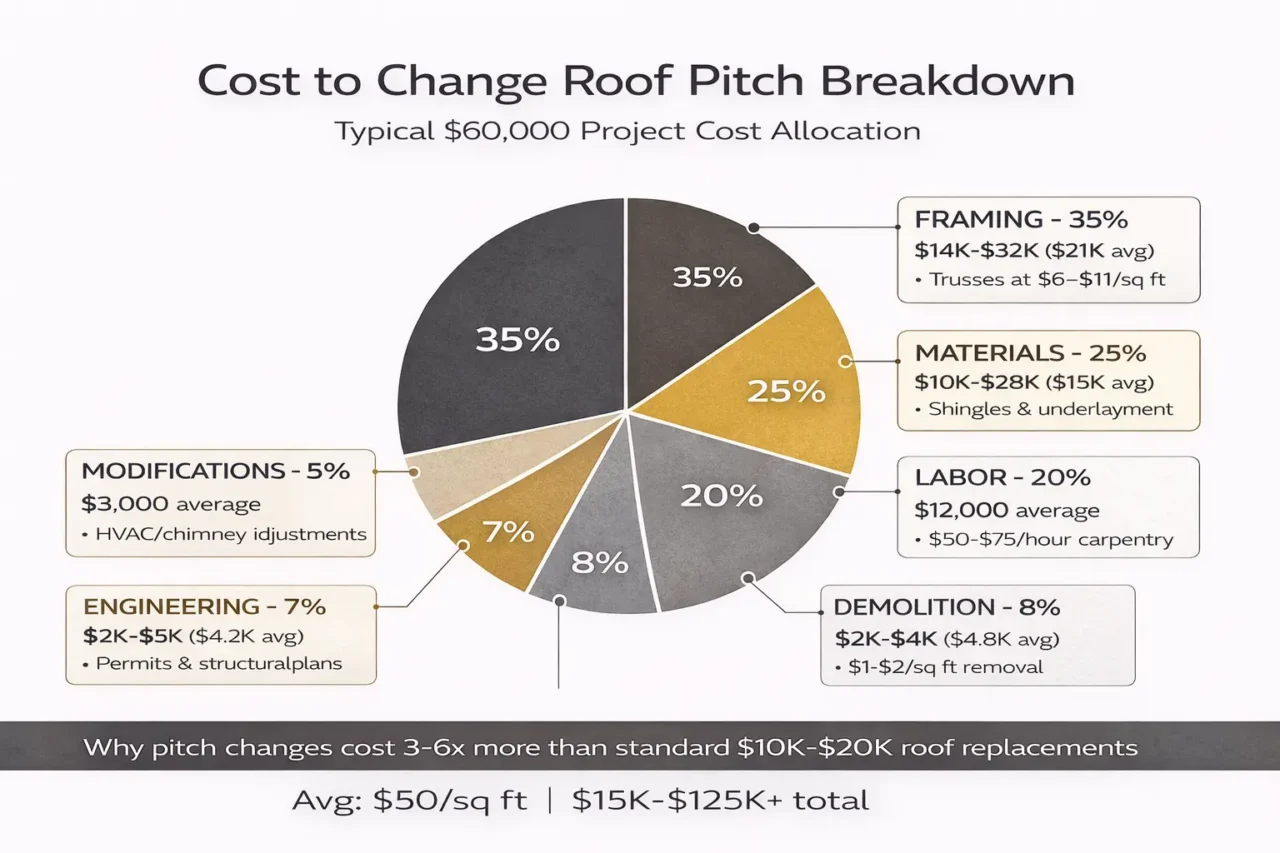 Cost to change roof pitch breakdown chart showing framing 35%, materials 25%, labor 20%, demo 8%, engineering 7%, mods 5%.