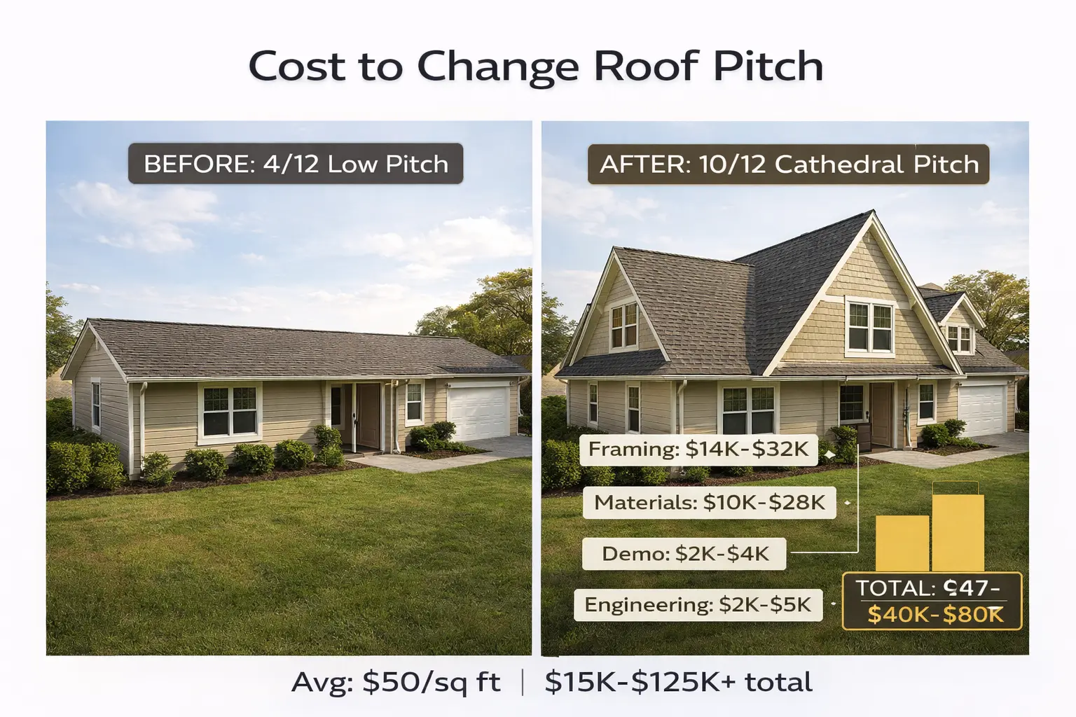 Cost to change roof pitch before after showing low pitch roof to high pitch cathedral roof transformation with pricing breakdown.