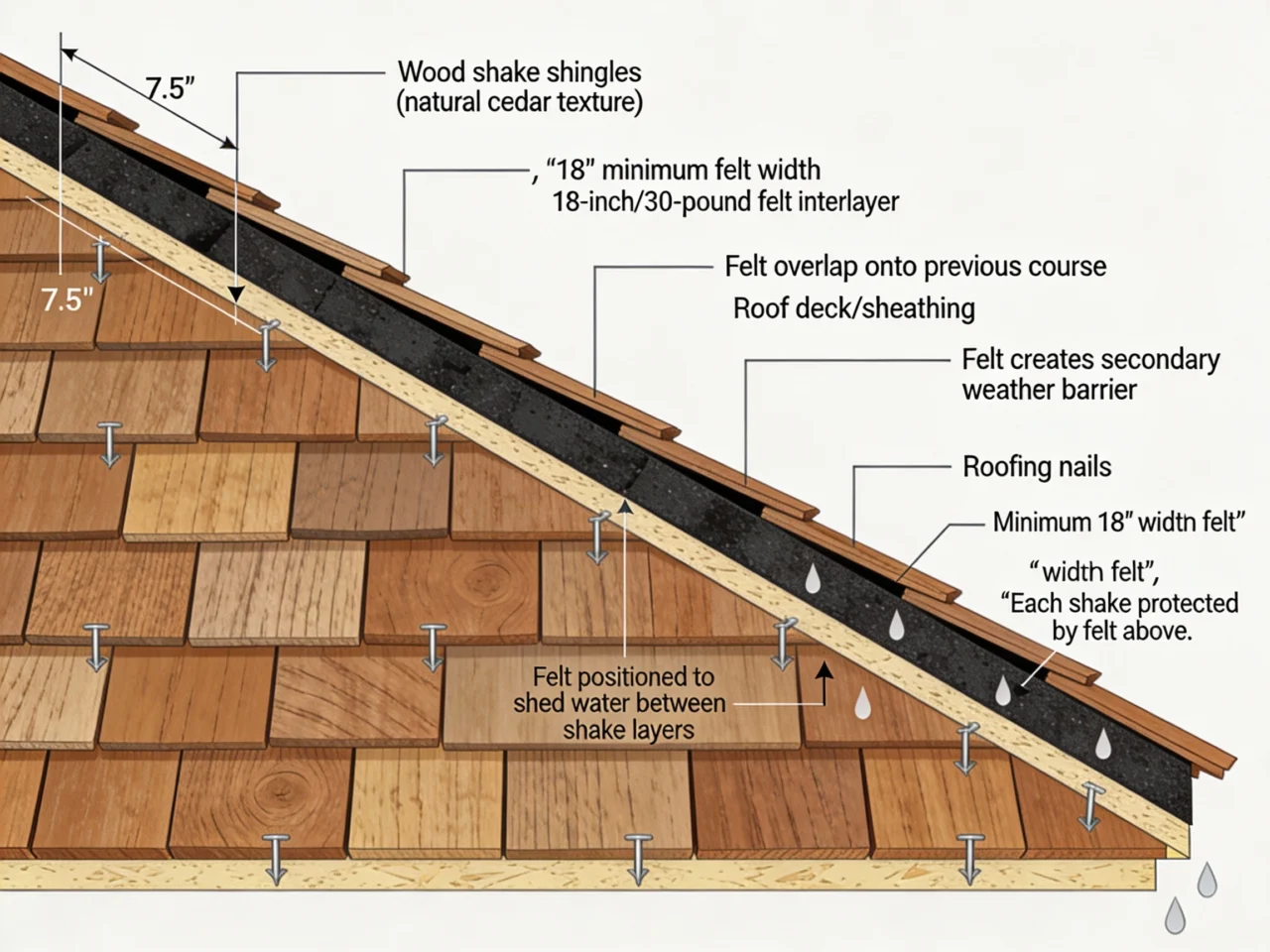 Cross-section diagram showing proper interlayer felt placement between wood shake courses for waterproof installation