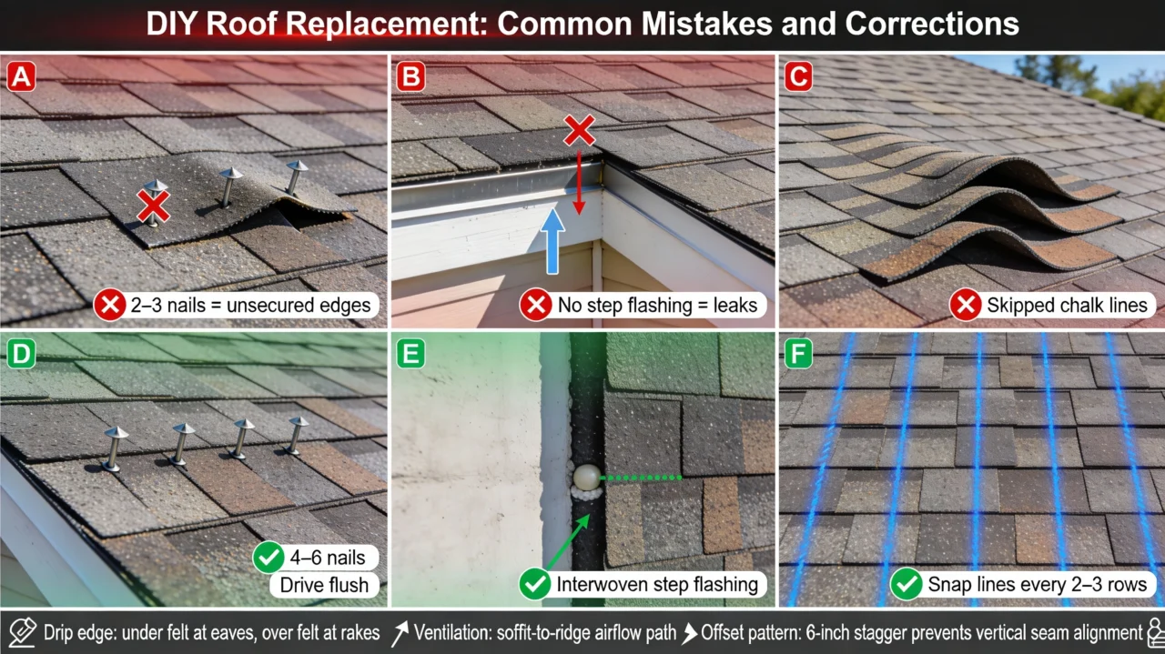 Common do it yourself roofing mistakes including improper nailing inadequate flashing and poor alignment with correct DIY roof installation techniques