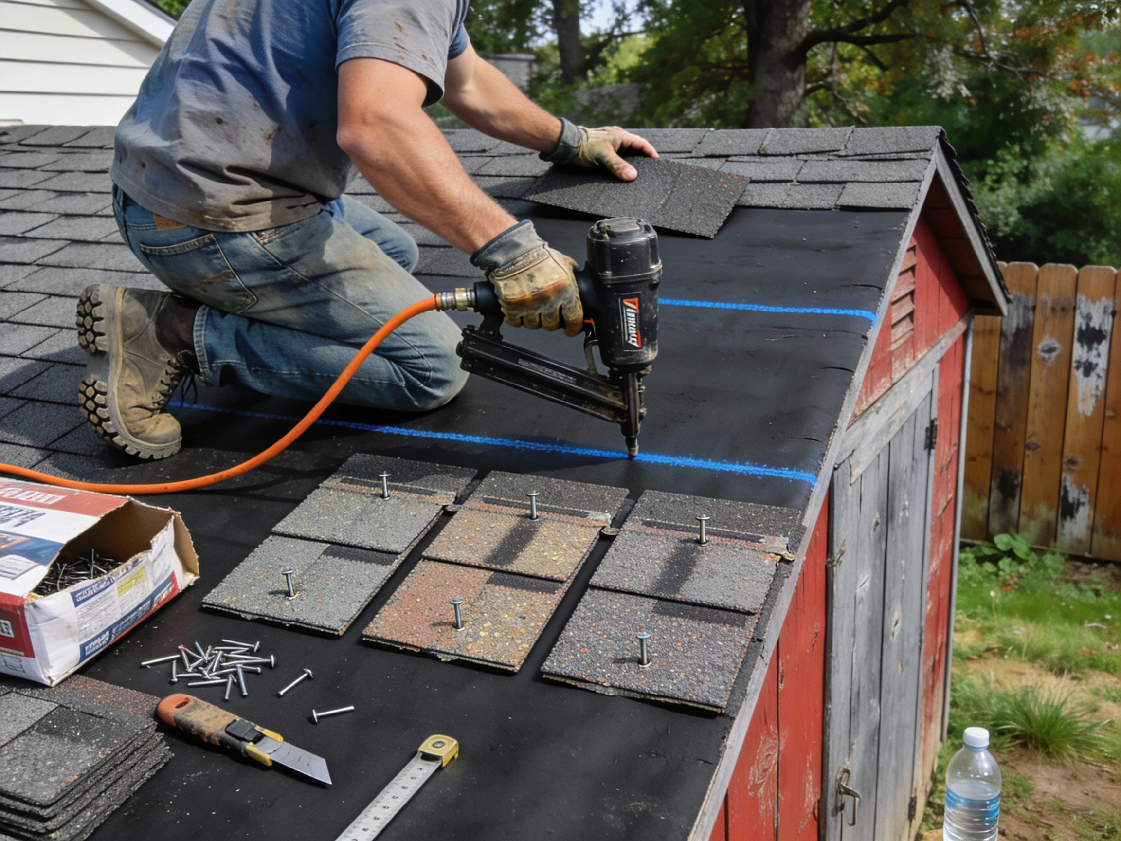 DIY roofing shingles installation showing homeowner installing shed roof shingles with roofing nailer and proper technique