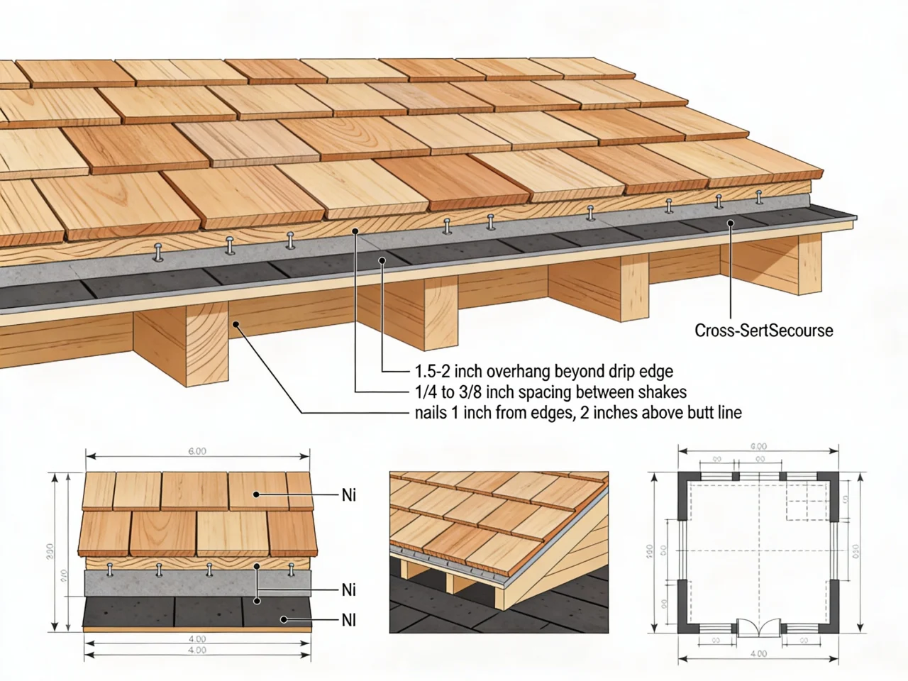 Detailed diagram showing double starter course installation with proper spacing and overhang measurements for wood shake roof