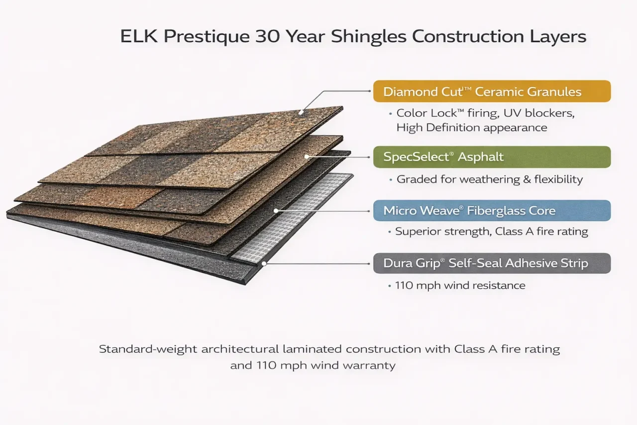 ELK Prestique 30 year shingles construction diagram showing Micro Weave core, asphalt, Dura Grip adhesive, Diamond Cut granules.