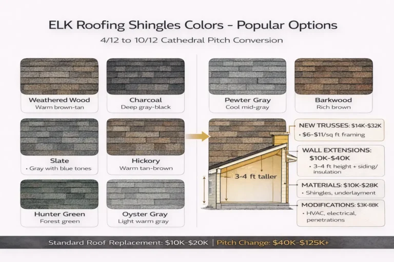 ELK roofing shingles colors palette showing Weathered Wood Charcoal Slate Barkwood Hickory Shakewood Hunter Green options.