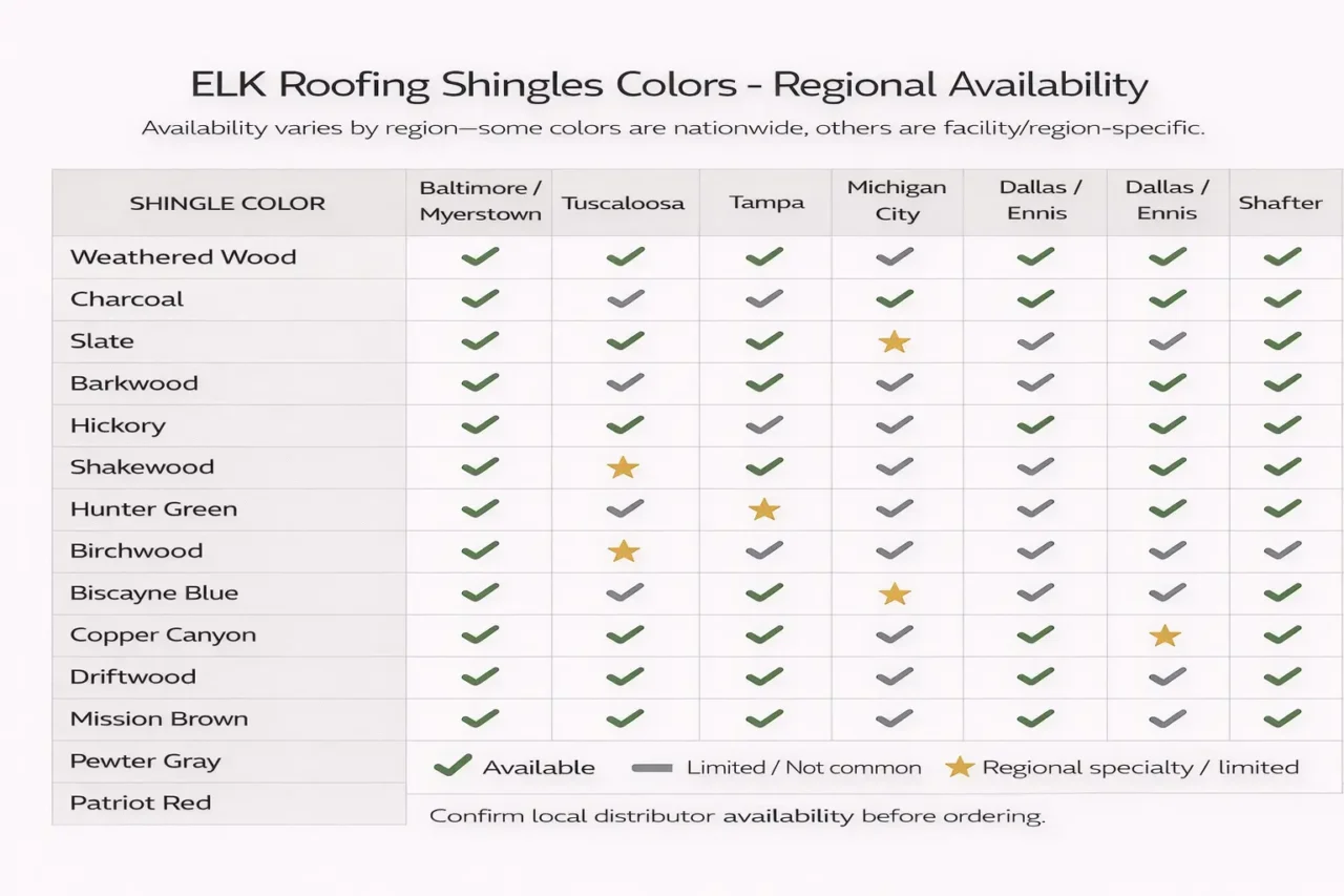 ELK roofing shingles colors regional availability chart showing which colors available by GAF manufacturing facility location.
