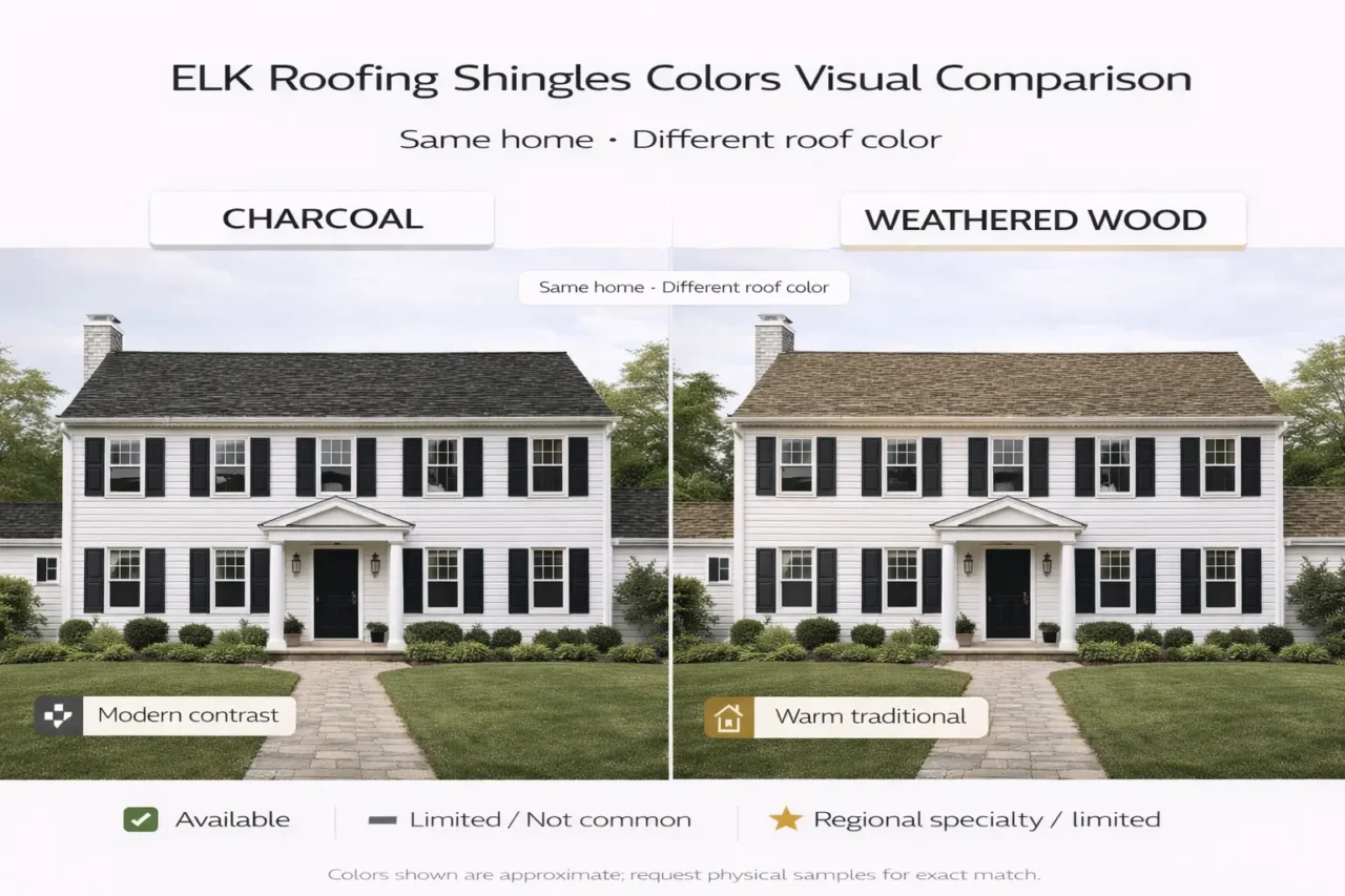 ELK roofing shingles colors comparison showing same home with Charcoal versus Weathered Wood roof demonstrating color impact.
