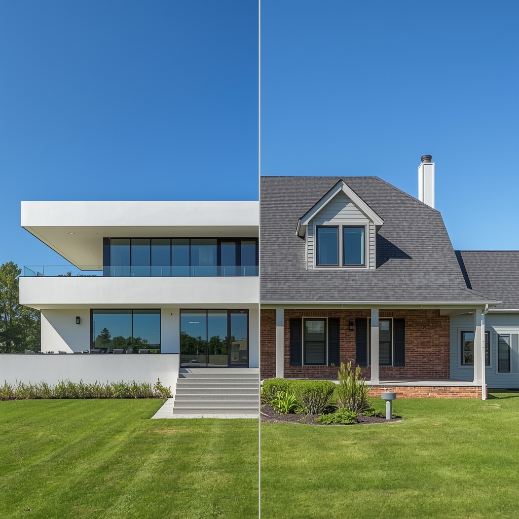 Comparison of flat roof homes with modern flat roof design versus traditional pitched roof homes showing architectural differences.