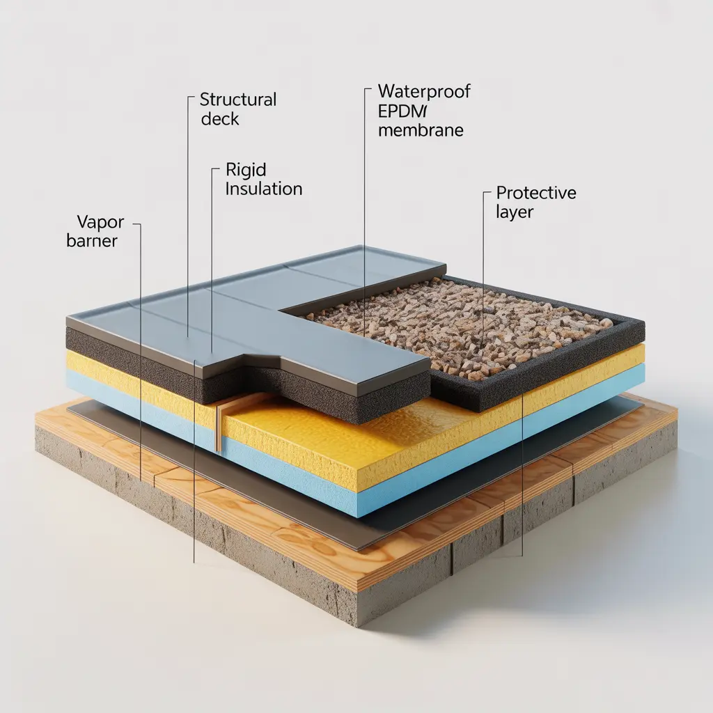 Flat roof design system layers showing warm roof assembly with insulation above deck and waterproof membrane for flat roof homes.