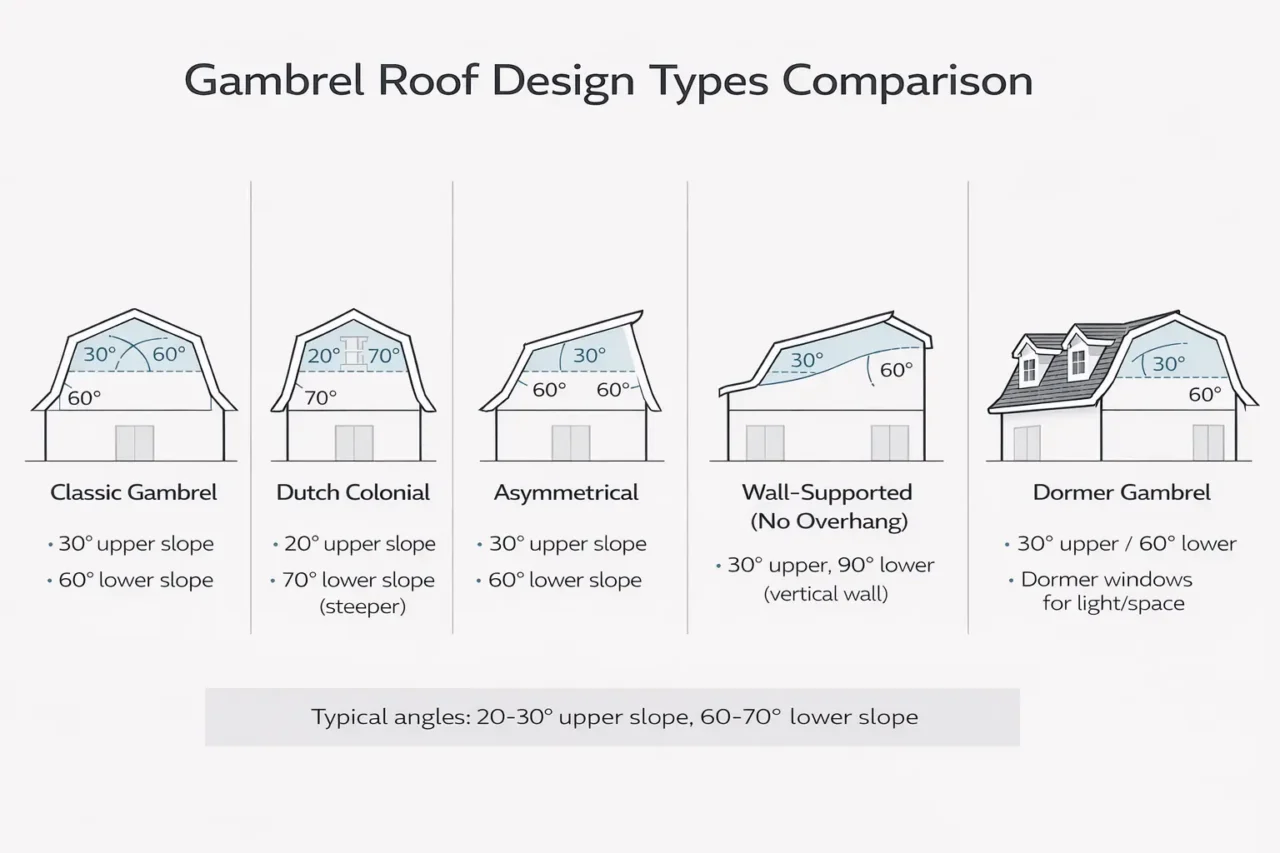 Five types of gambrel roof design showing classic, Dutch, asymmetrical, wall-supported, dormer variations with angles.