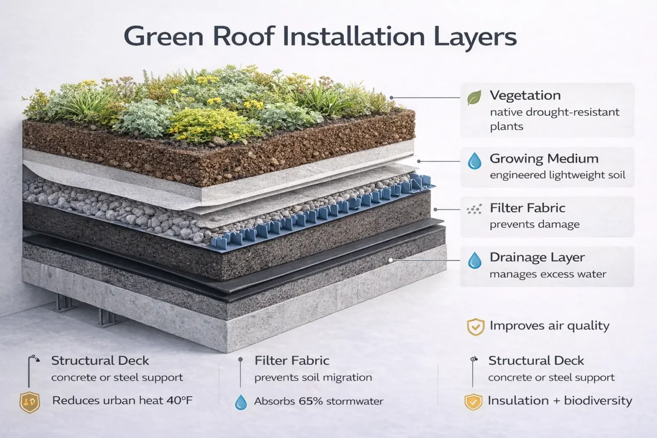 Green roof installation showing environmentally friendly roofing materials layers waterproofing drainage vegetation.