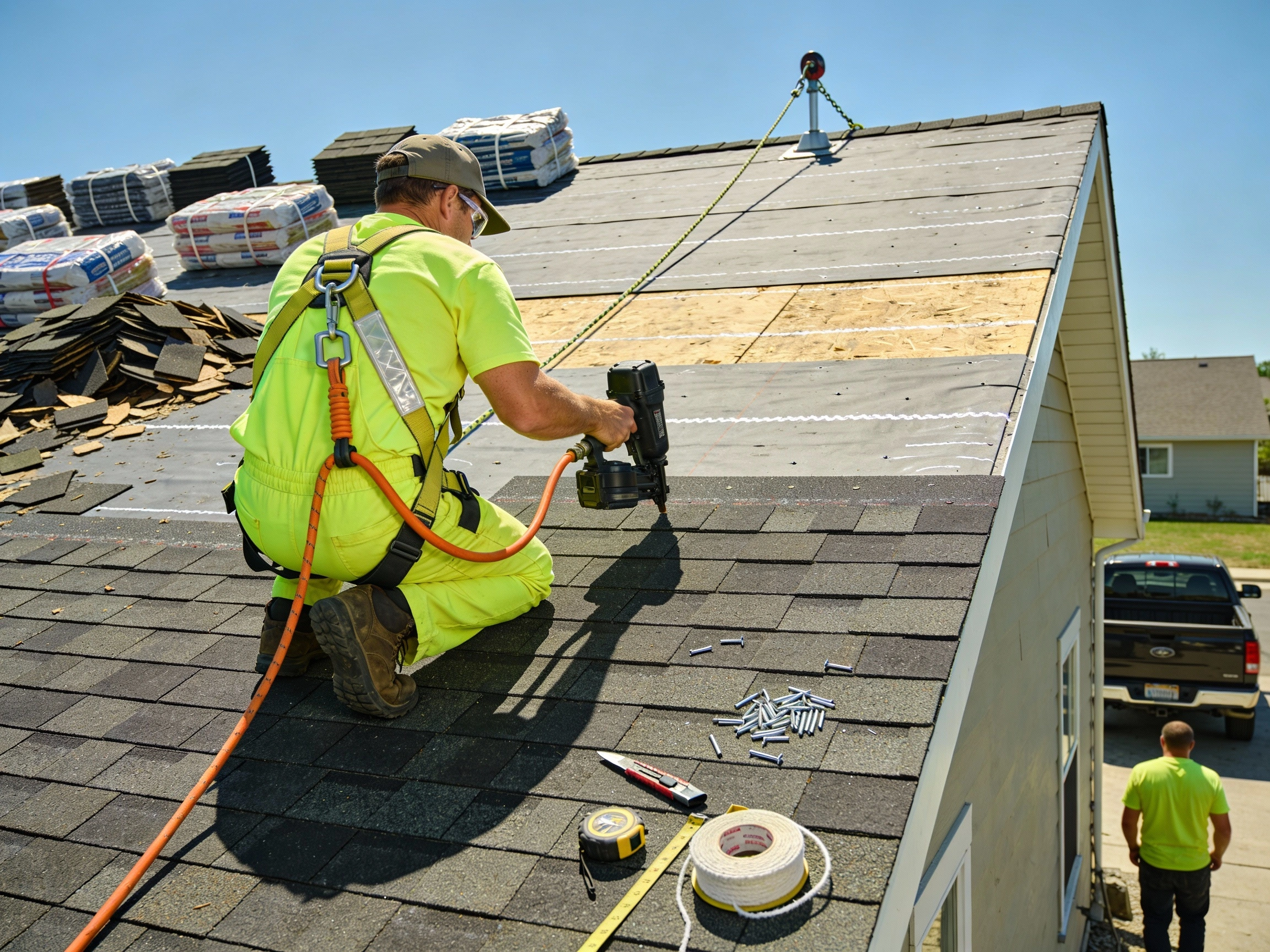 Can I replace my own roof DIY homeowner installing asphalt shingles with safety harness demonstrating do it yourself roofing project