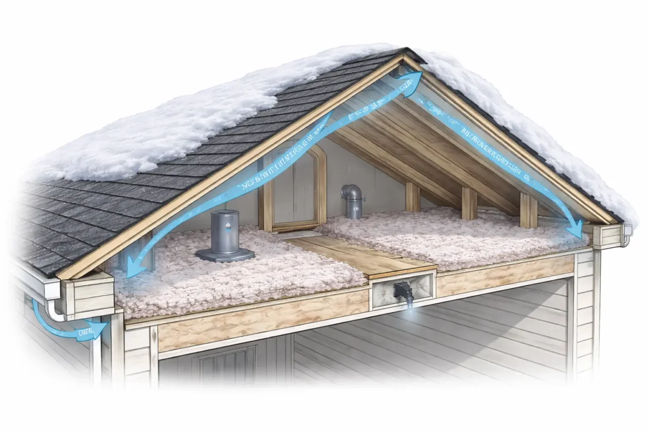 roof ice dam prevention showing attic air sealing insulation and ventilation to keep roof deck cold