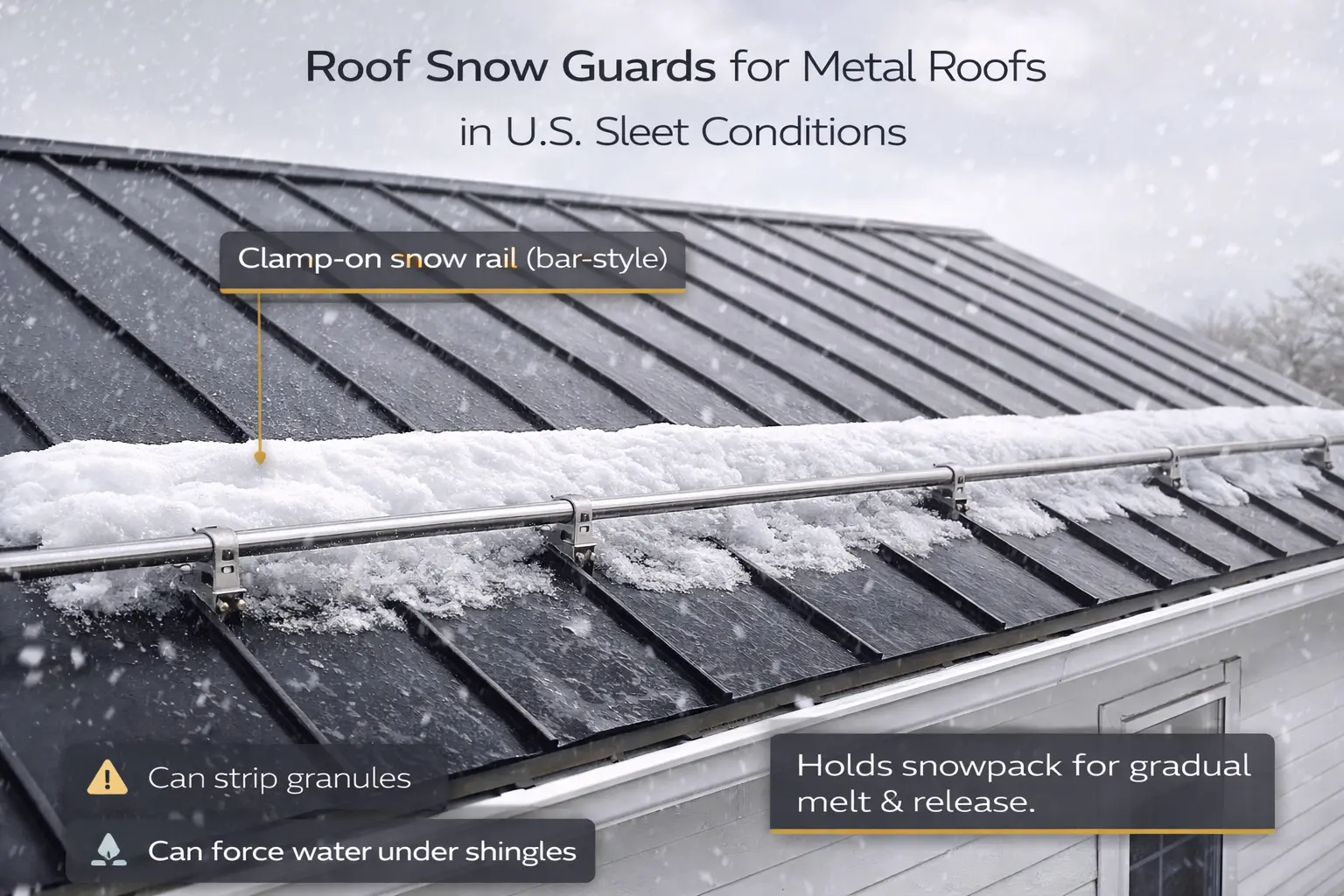 roof snow guards for metal roofs installed on standing seam roof holding sleet and snow to prevent dangerous roof avalanches