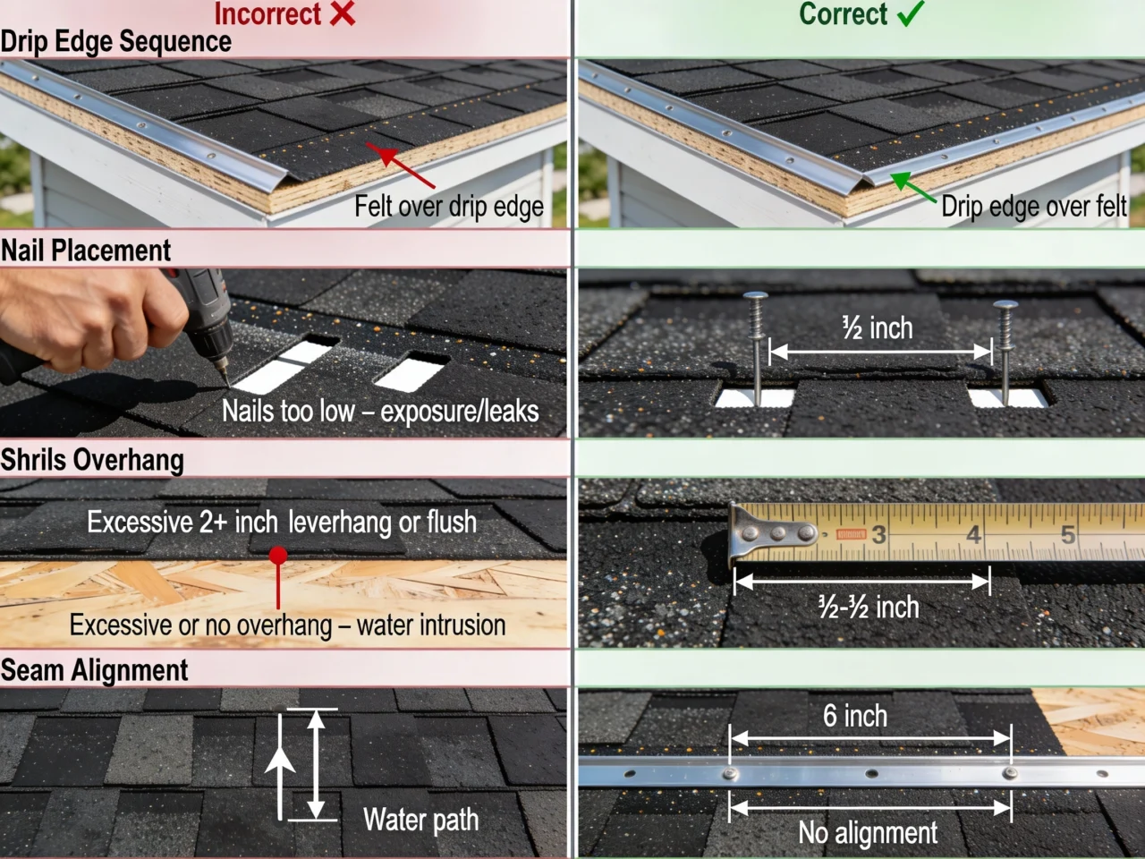 Common DIY roofing shingles mistakes showing incorrect nail placement drip edge errors and proper installation techniques for shed roof shingles