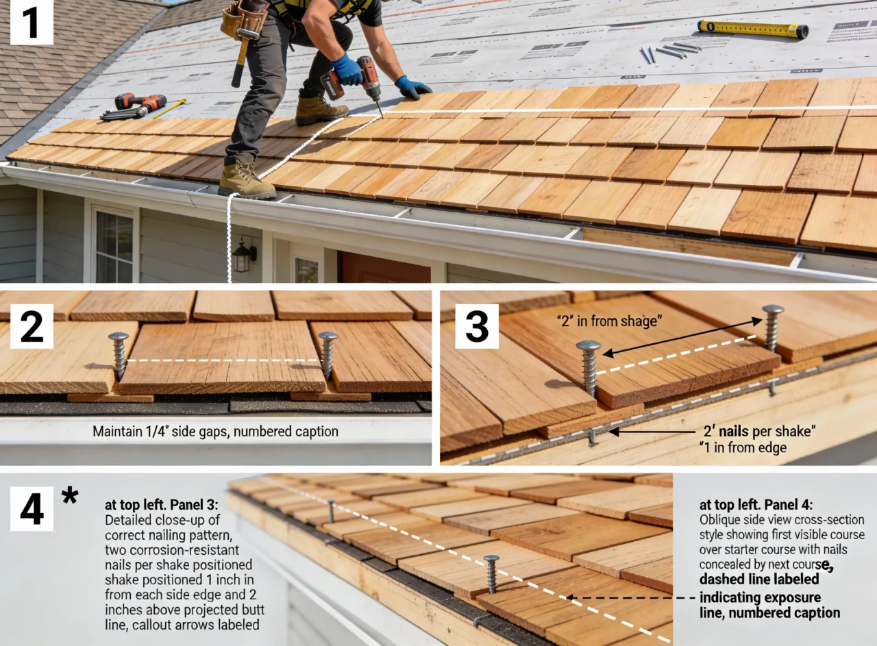 Step-by-step photo guide showing proper nailing pattern and spacing for first course of wood shake shingles