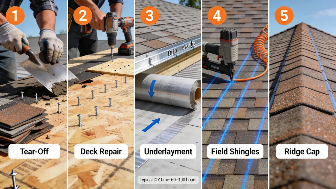 Do it yourself roofing step by step process showing DIY roof installation from tear-off through final shingle and ridge cap completion