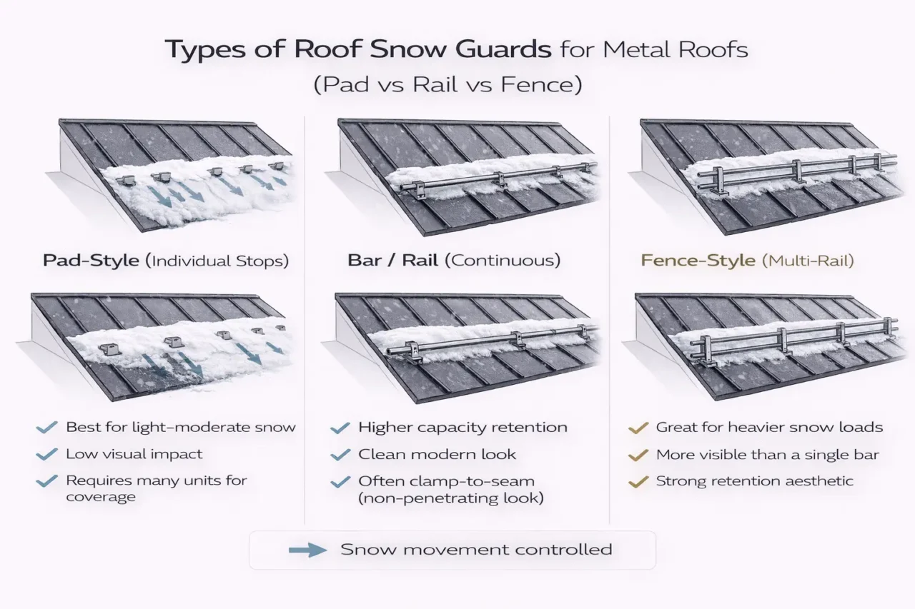 roof snow guards for metal roofs diagram showing pad style snow stops and rail and fence snow retention systems