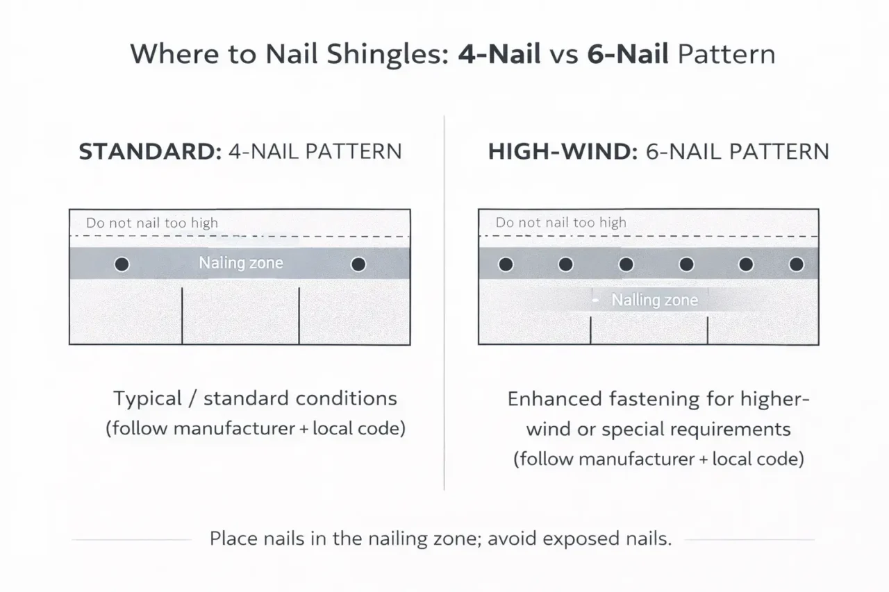 where to nail shingles diagram showing 4 nail pattern and 6 nail high wind pattern on asphalt shingles