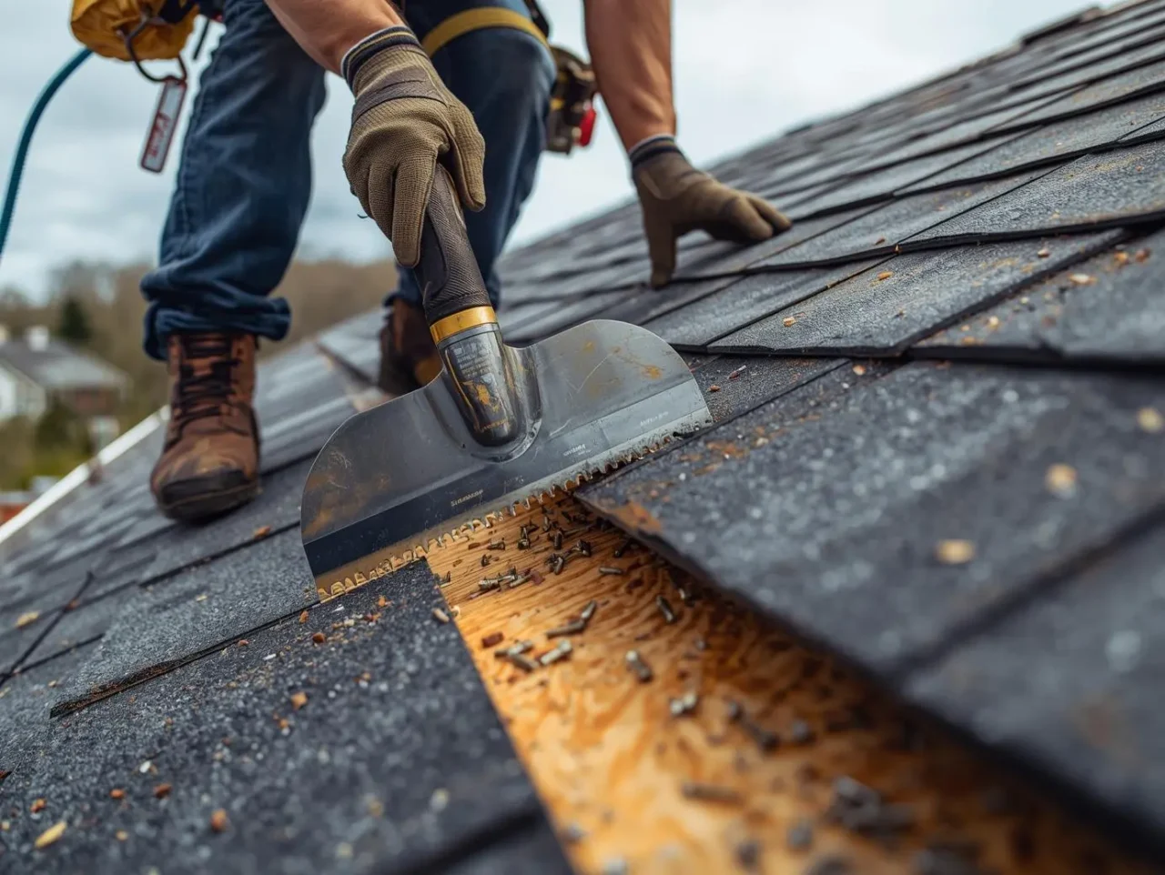 best way to remove roof shingles using a roofing tear-off shovel on moderate pitch roof