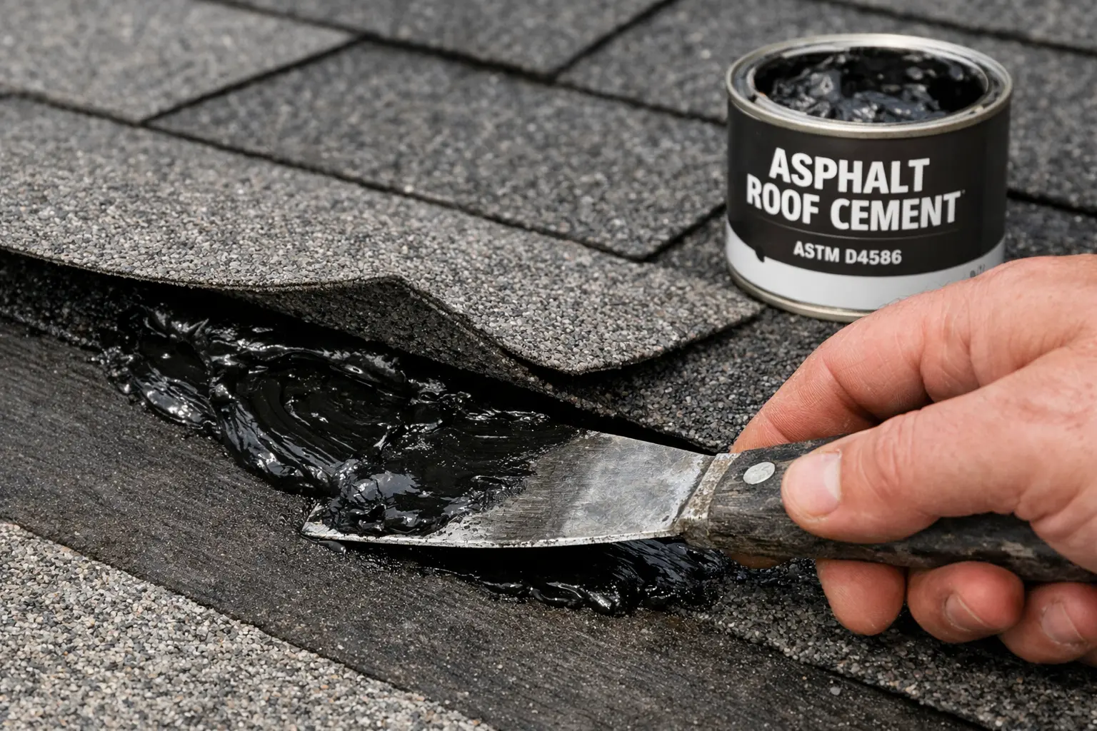 adhesive for roof shingles application showing asphalt roof cement being applied under lifted shingle tab