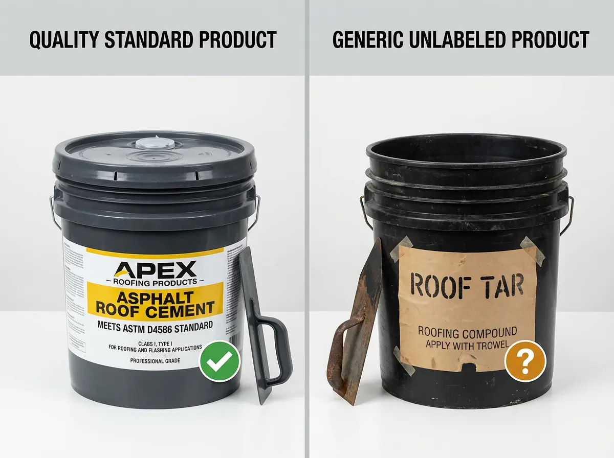 adhesive for roof shingles ASTM D4586 labeled asphalt roof cement versus generic tar product