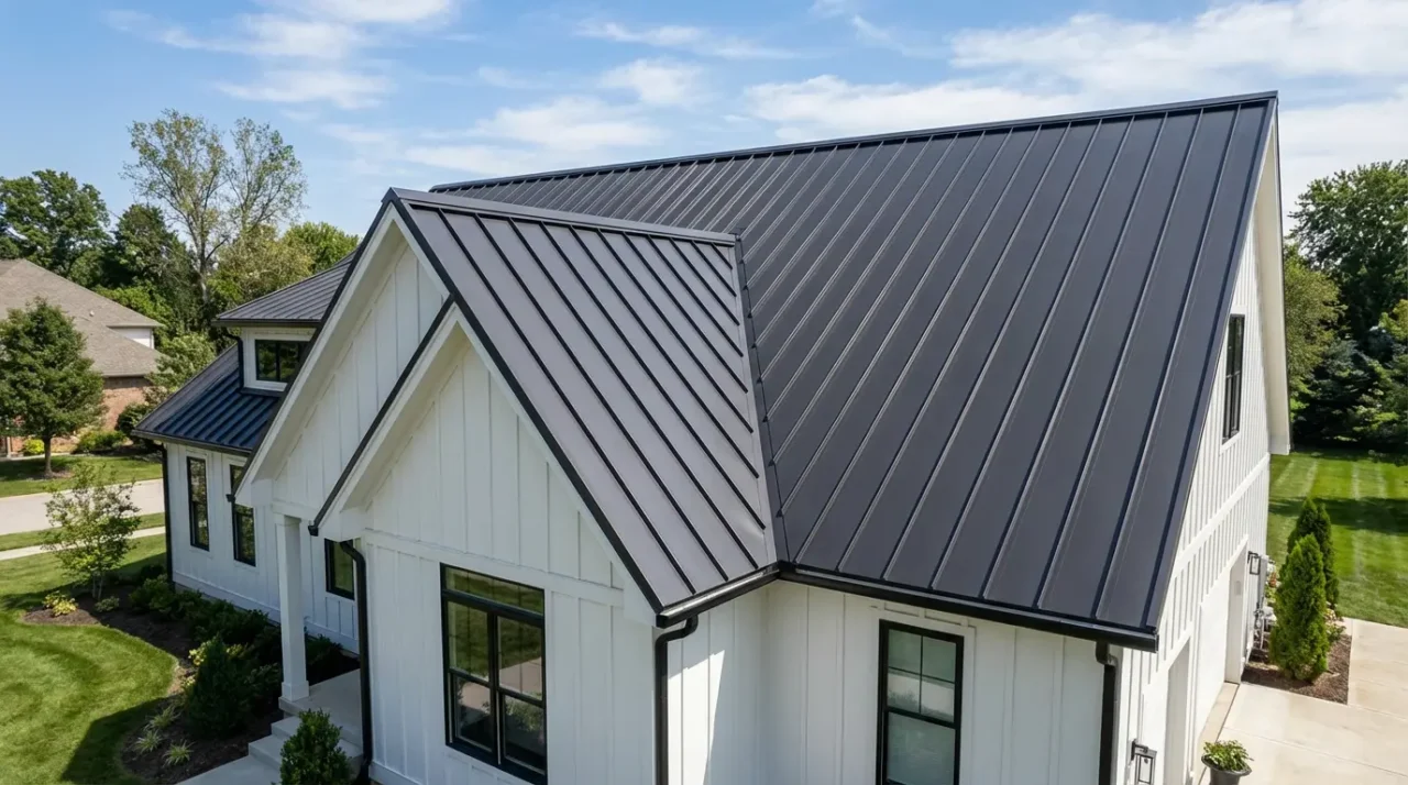 Completed snap lock standing seam metal roof - Perfectly straight vertical seams on modern home - Professional roofing finish