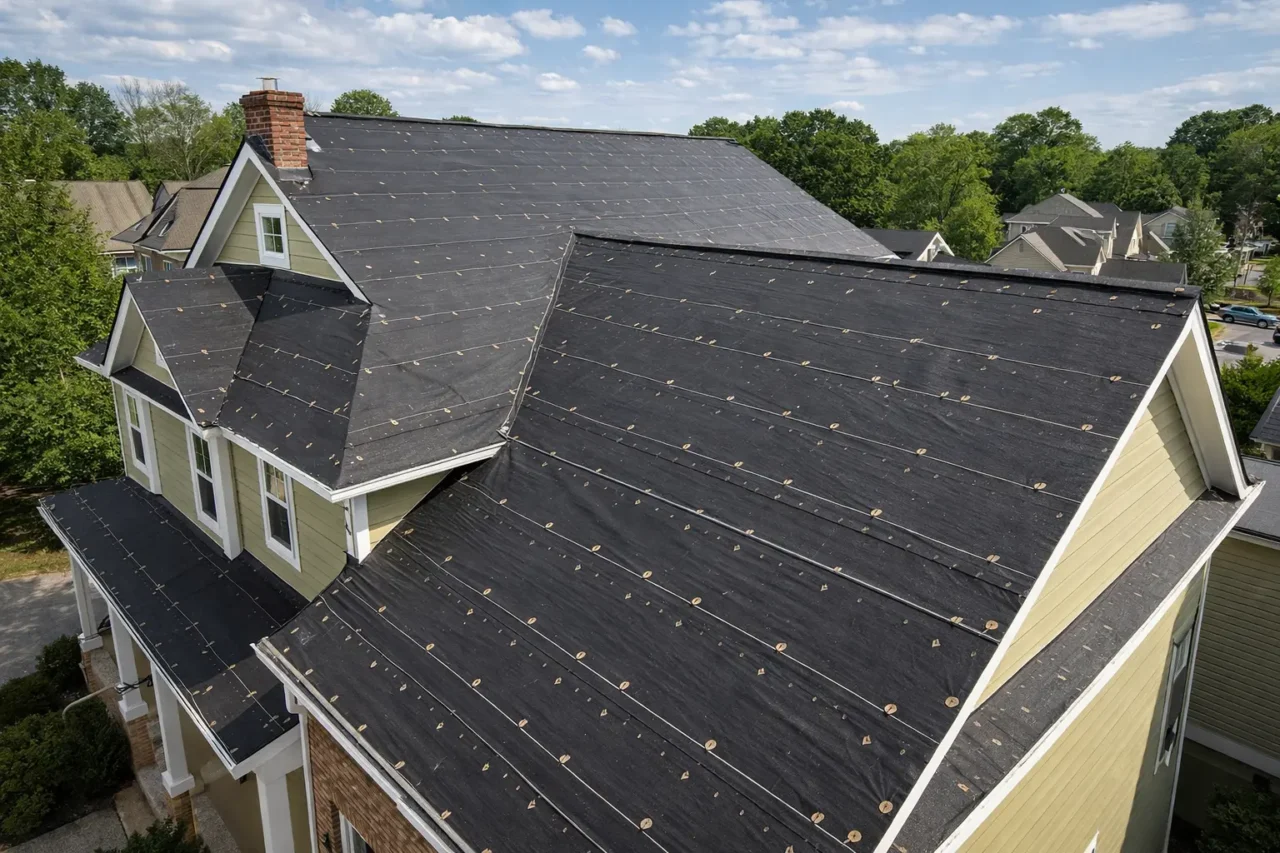 Completed metal roof underlayment installation - Ridge detail before panel placement - Professional roofing preparation