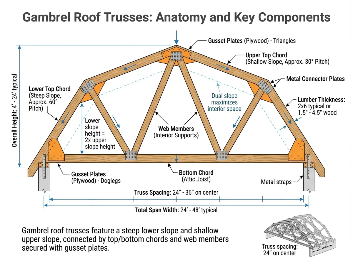 gambrel roof trusses diagram showing top chord bottom chord web members gusset plates and dual slope design