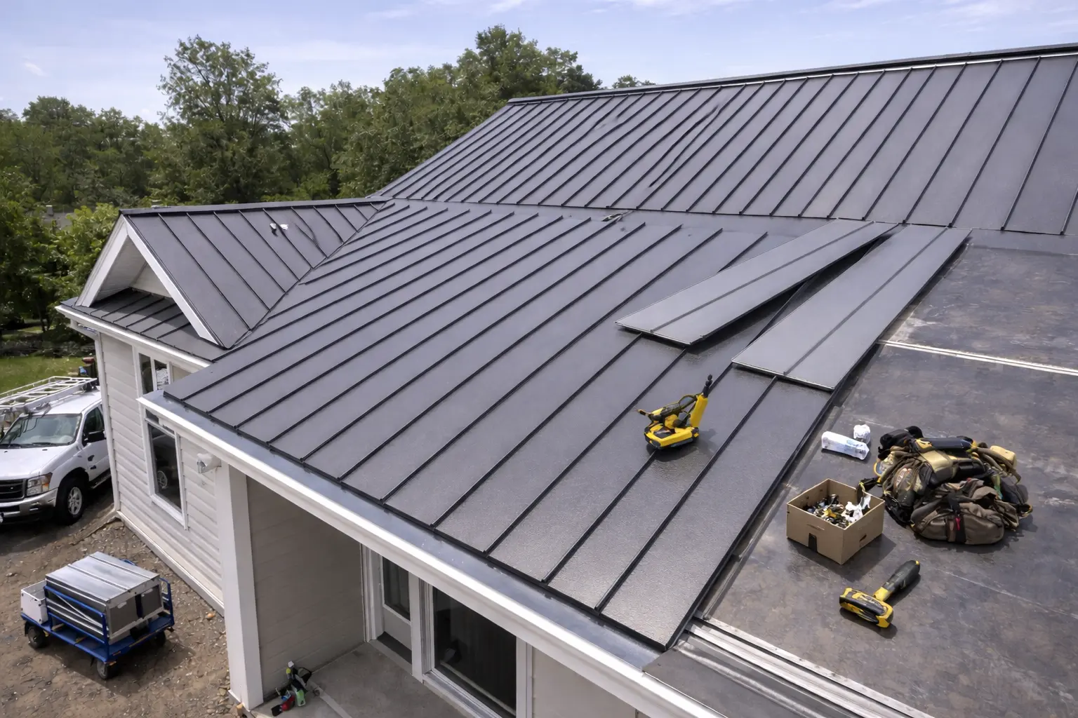how much is a steel roof cost showing standing seam steel roof panels being installed on residential home