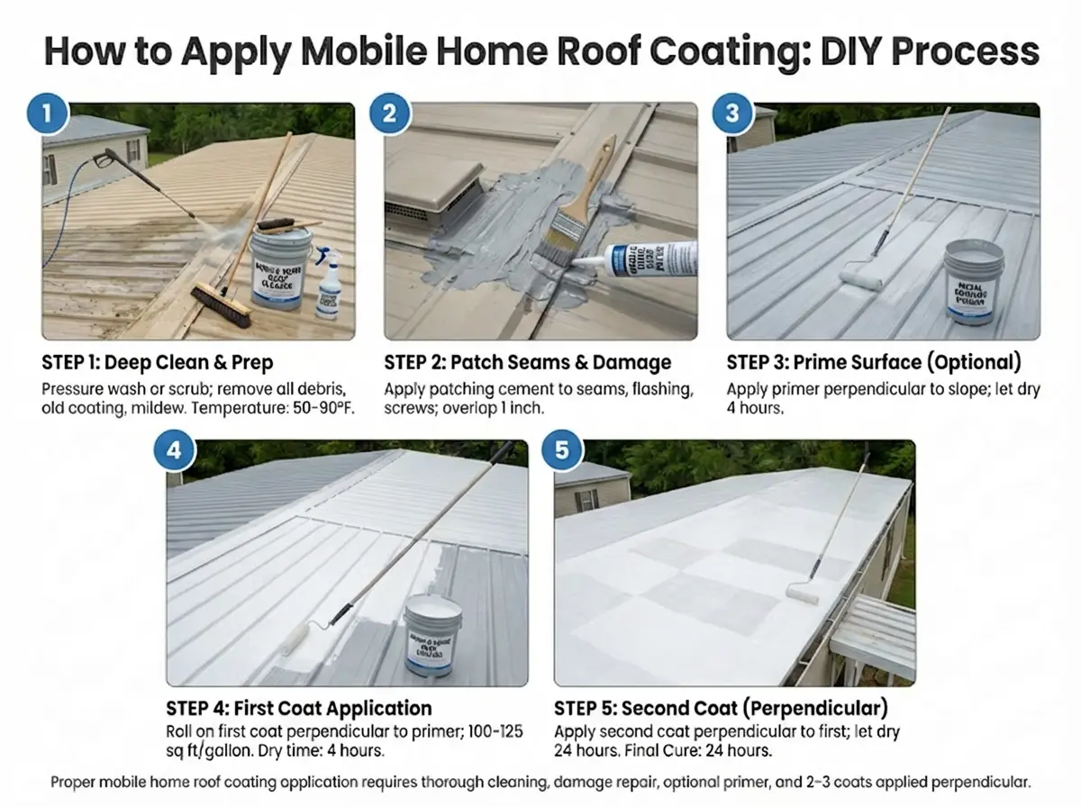 mobile home roof coating application DIY steps cleaning patching priming roller application